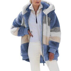 Womens 2025 Winter Fuzzy Fleece Jacket Hooded Color Block Patchwork
